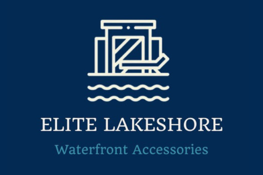 Logo for Elite Lakeshore Waterfront Accessories featuring a stylized boat and water waves on a dark blue background.