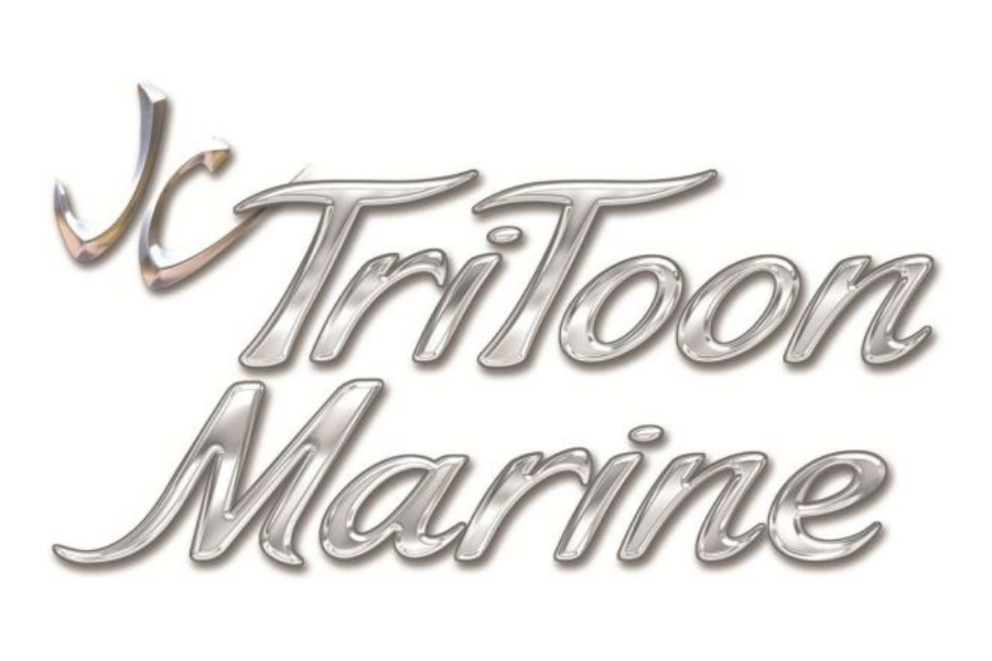 Silver metallic three-dimensional text reading "JC TriToon Marine" on a white background.