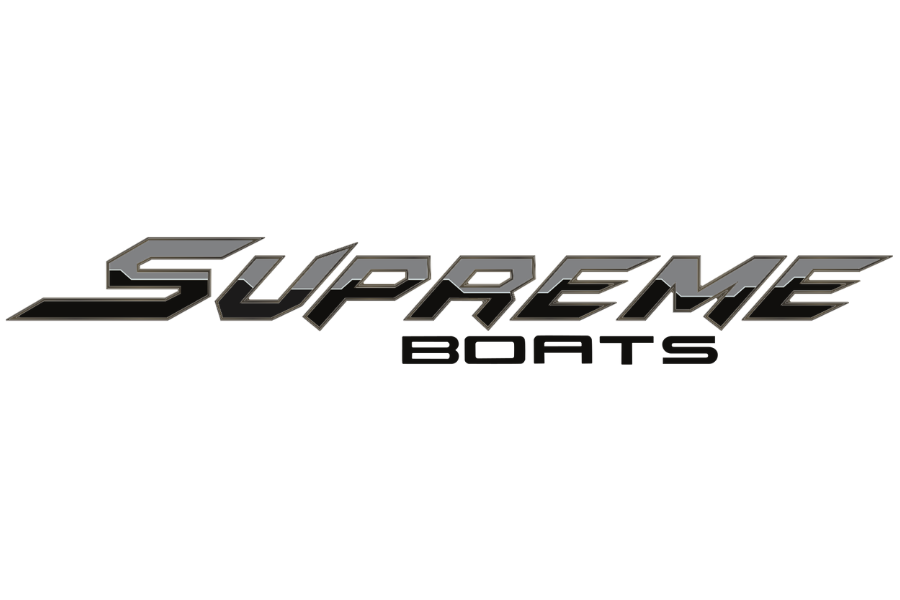 Supreme Boats logo with stylized text in black, gray, and white.