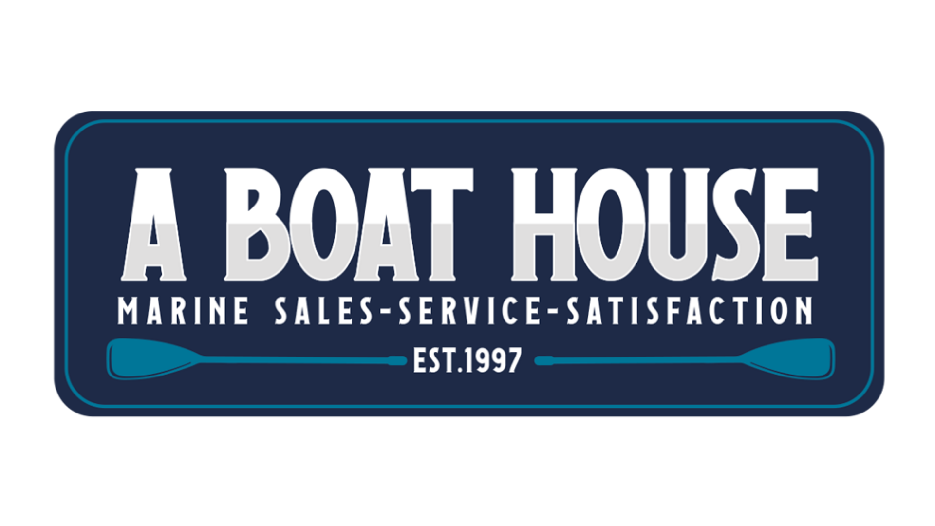Logo for A Boat House, a marine sales, service, and satisfaction company established in 1997, featuring a navy blue background with white text and blue oars.