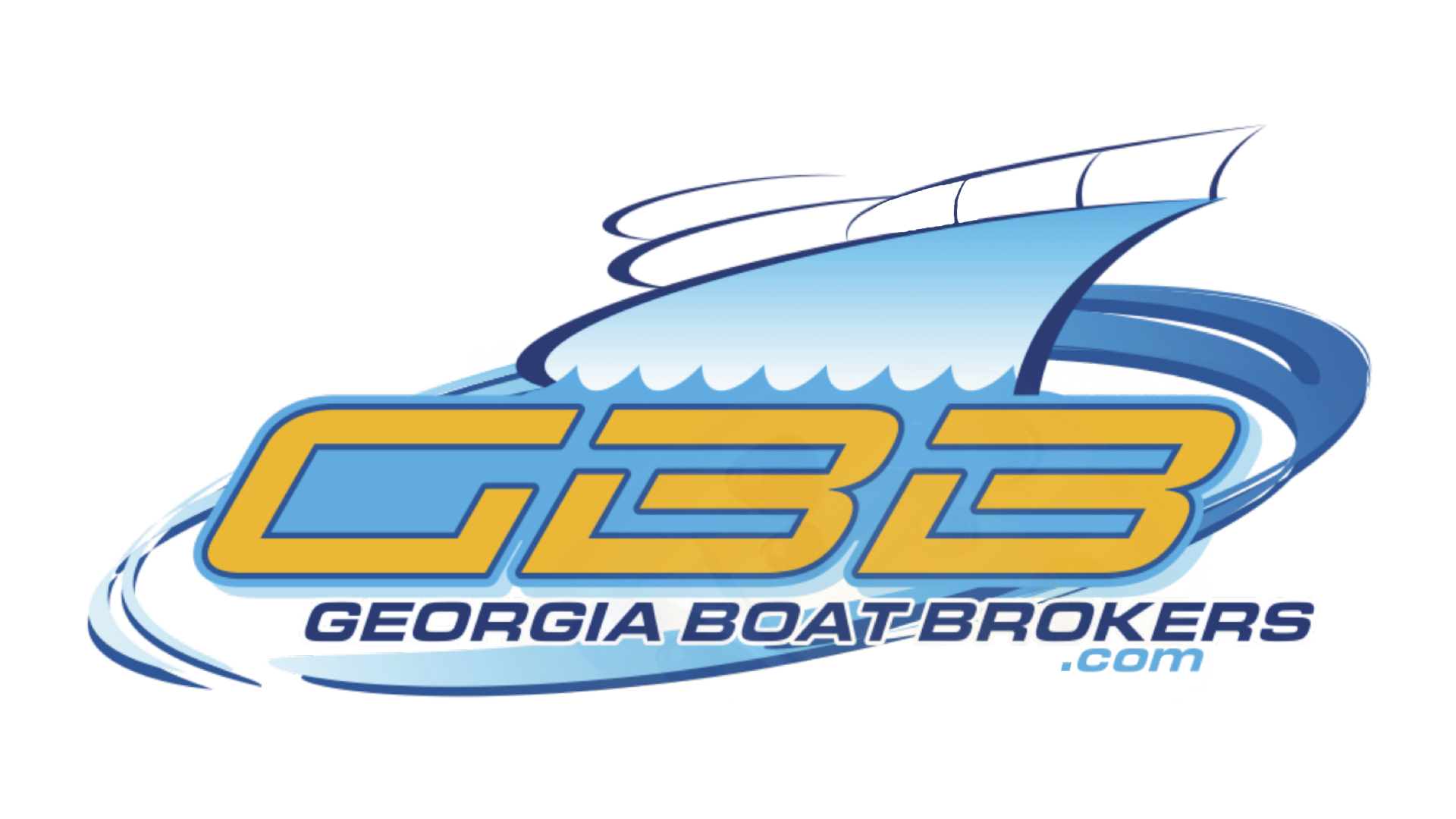 Logo for Georgia Boat Brokers featuring a stylized boat with waves, the initials CBB in yellow, and the website address .com