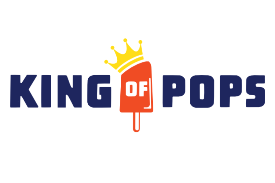 Logo for King of Pops featuring stylized text, an ice pop with the word 'OF' in the middle, topped with a yellow crown.
