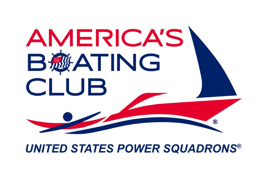Logo for America's Boating Club, United States Power Squadrons, featuring a stylized boat with a sail, waves, and a person in the water.