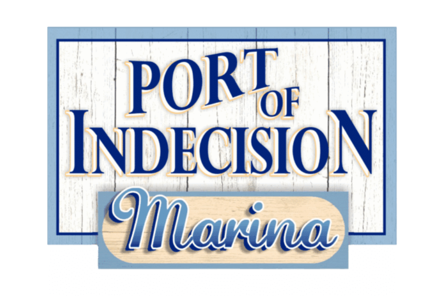Sign reading "Port of Indecision Marina" with a white wooden background and blue border.