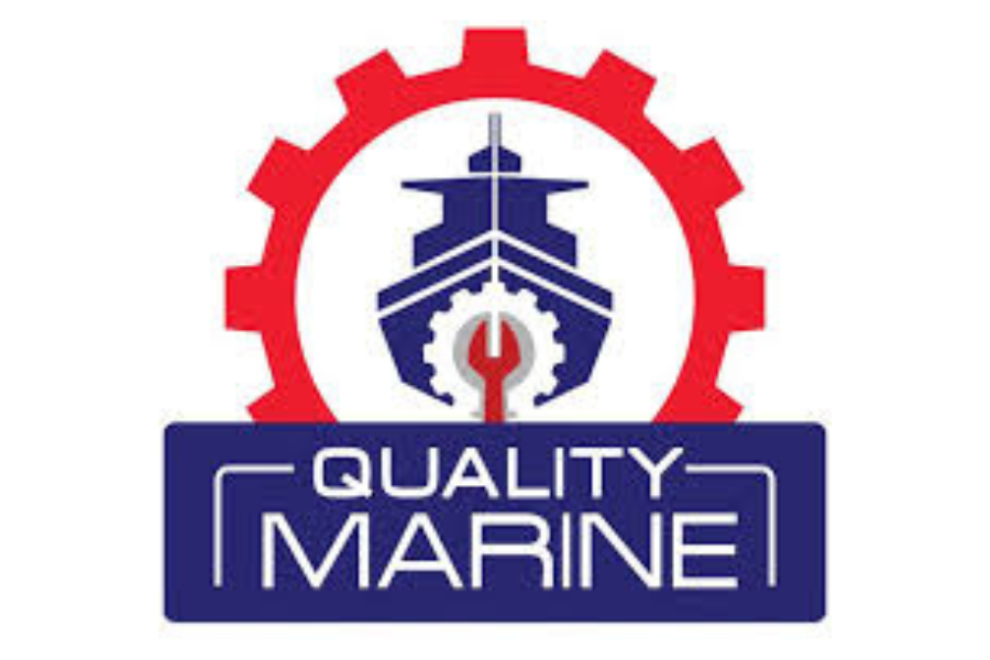 A logo featuring a ship with a gear around it and a wrench, with the text 'QUALITY MARINE' below.