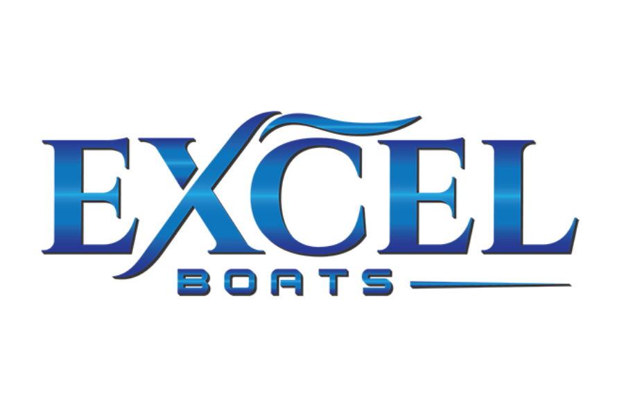 Logo of Excel Boats with stylized text and a fishing rod illustration.