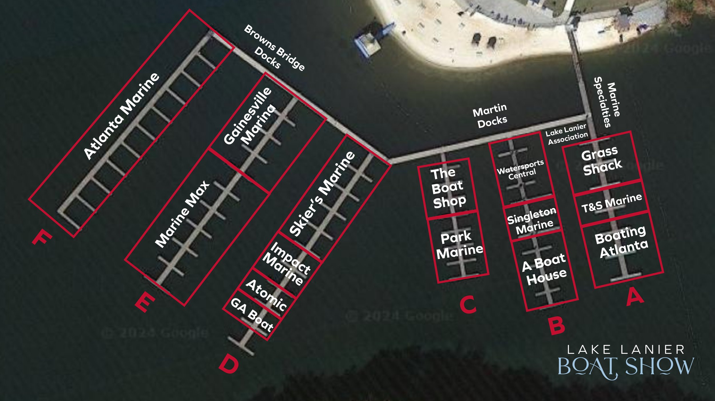 Map of Lake Lanier boat show docks, with sections labeled A through E. Docks include Atlantic Marine, Gainesville Marine, Marine Max, Impact Marine, Atomic, GA Boat, Skier's Marine, The Boat Shop, Park Marine, Watersports Central, Singleton Marine, A Boat House, Grass Shack, T&S Marine, Boating Atlanta, and other marine-related booths, with surrounding water and land areas.