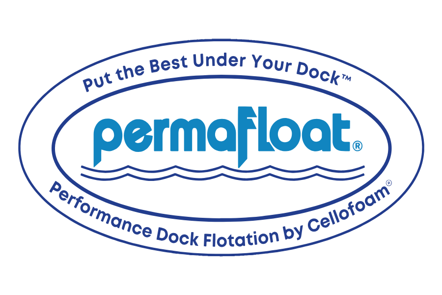 Logo for PermaFloat including the slogan "Put the best under your dock" and description "Performance dock flotation by Cellfloat" with stylized waves underneath.