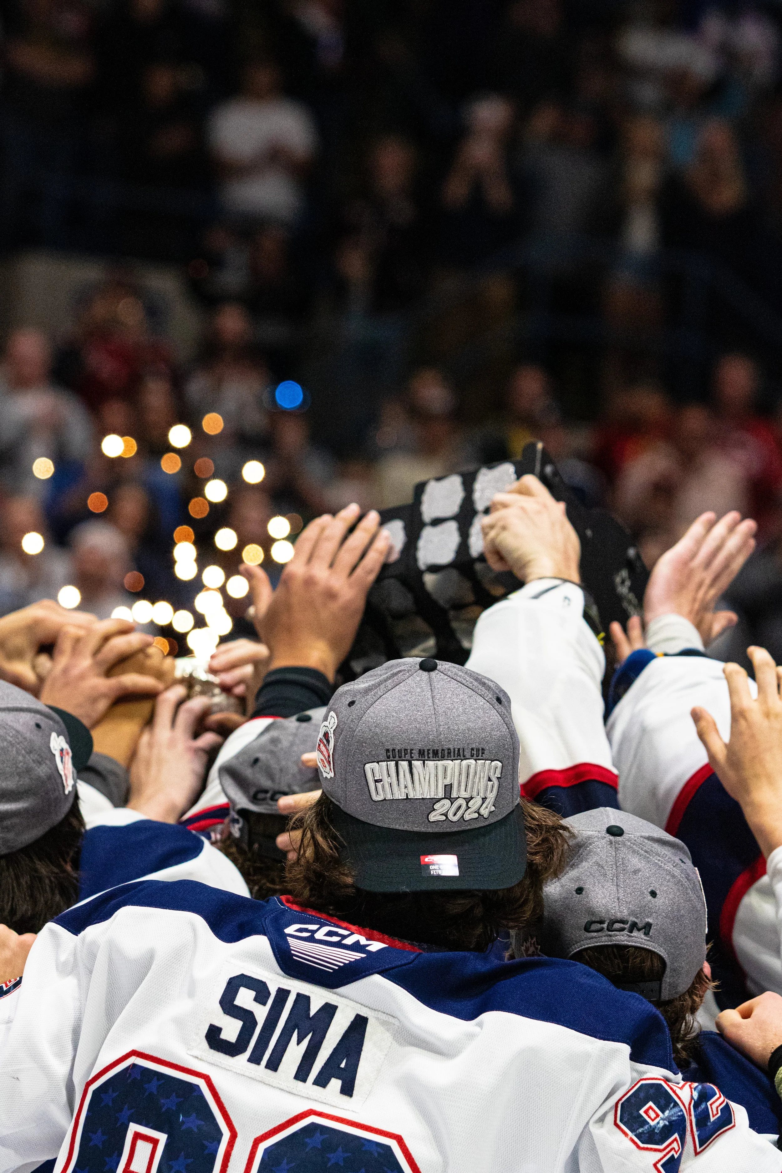 Hockey players celebrating a championship with a crowd in the background, some holding sparklers, and a player wearing a gray cap that says 'Champions 2024'