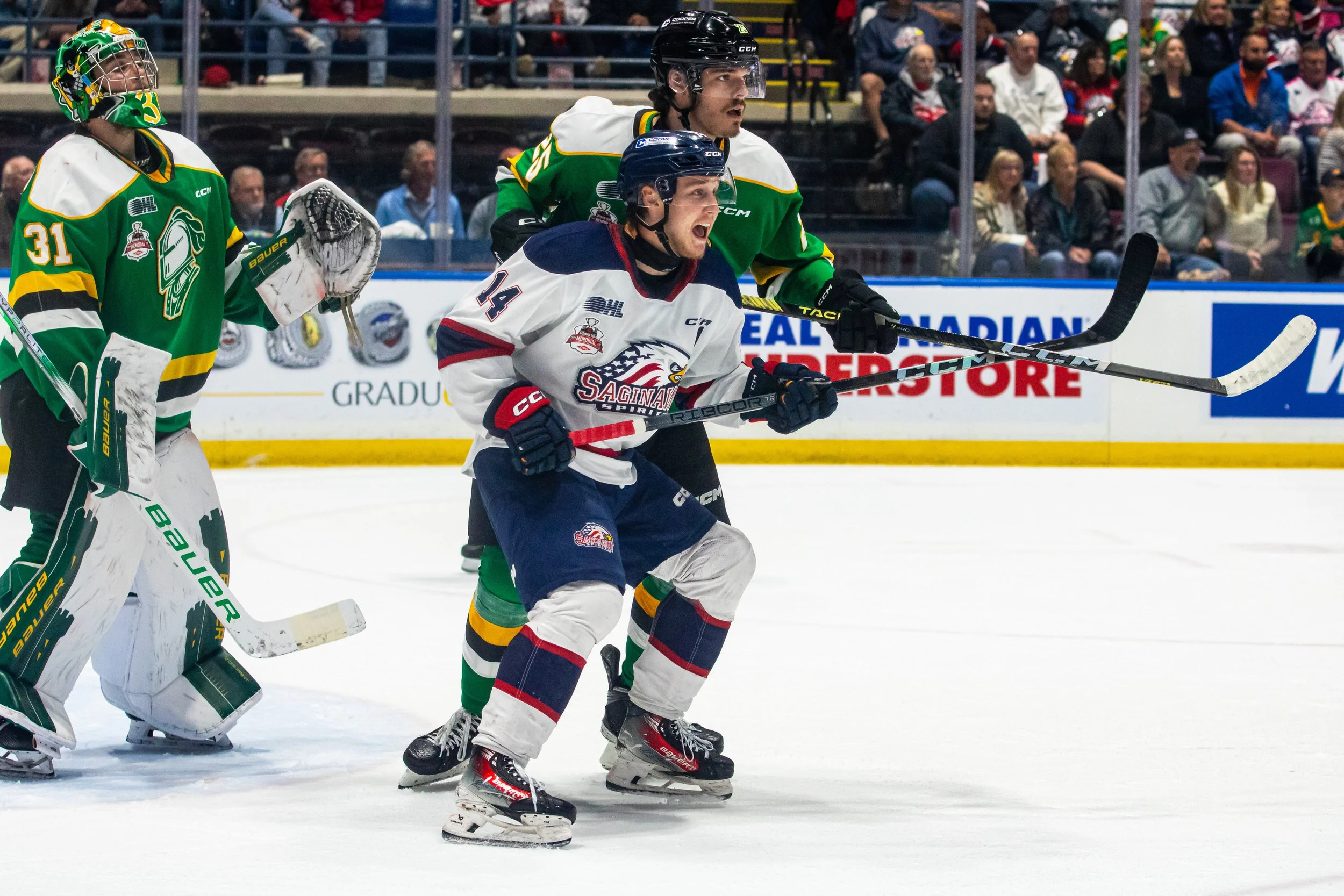 Hockey game with players in action on the ice, including a goalie in green and a player in white and blue, with spectators watching.