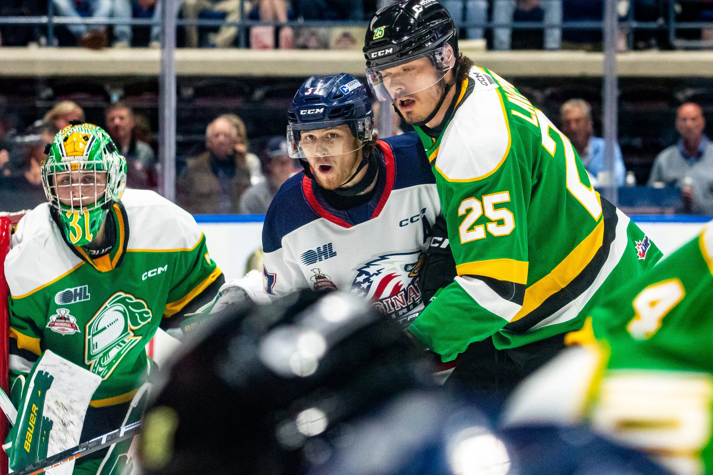 Ice hockey players in green, white, and blue jerseys engaged in a game on the ice, with spectators watching from the stands.