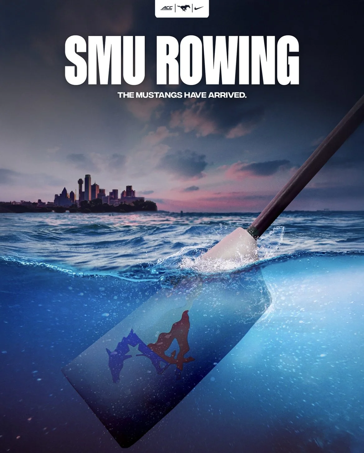 An overwater shot of a city skyline at sunset with a rowing oar in the water, and a swimming card featuring a Mustangs logo partially submerged beneath the surface.