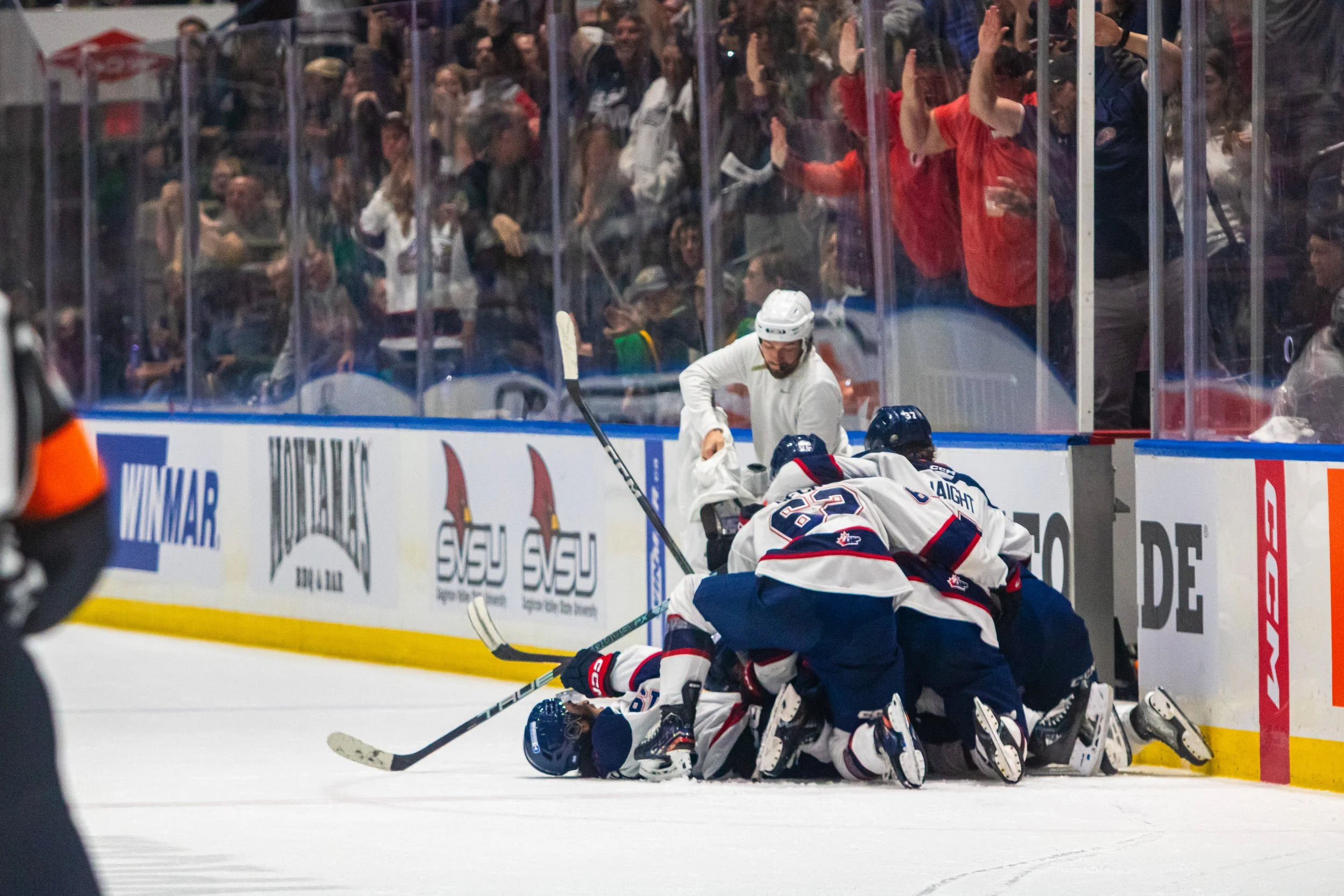 Hockey players celebrate a goal on the ice, with one player lying face down on the ice and others piled on top. A man in a white hoodie is assisting a player over the rink's edge, and fans behind the glass are cheering and waving.