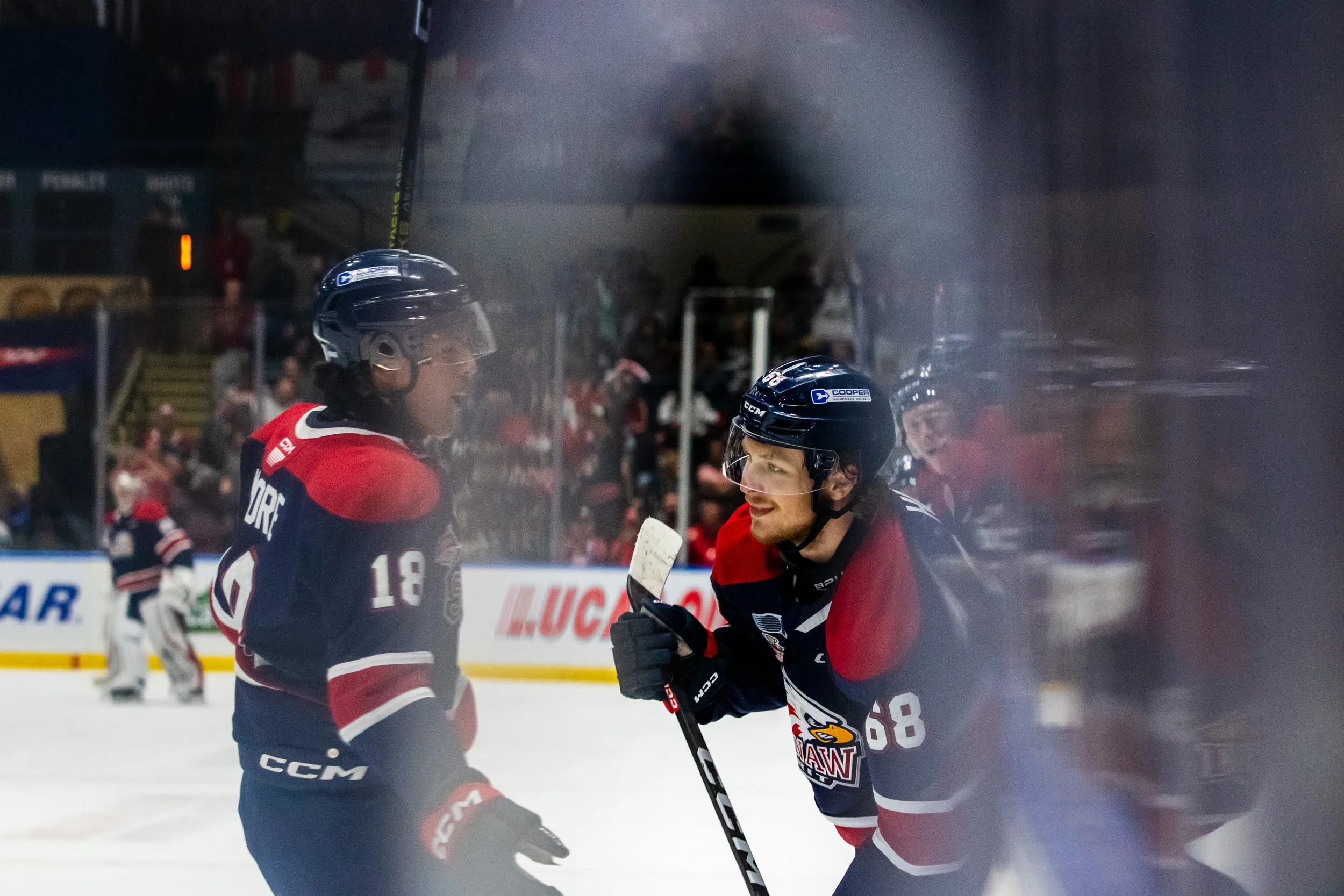 Hockey players in black and red jerseys celebrating on the ice rink, with one player holding a hockey stick and smiling, while other players and spectators are visible in the background.