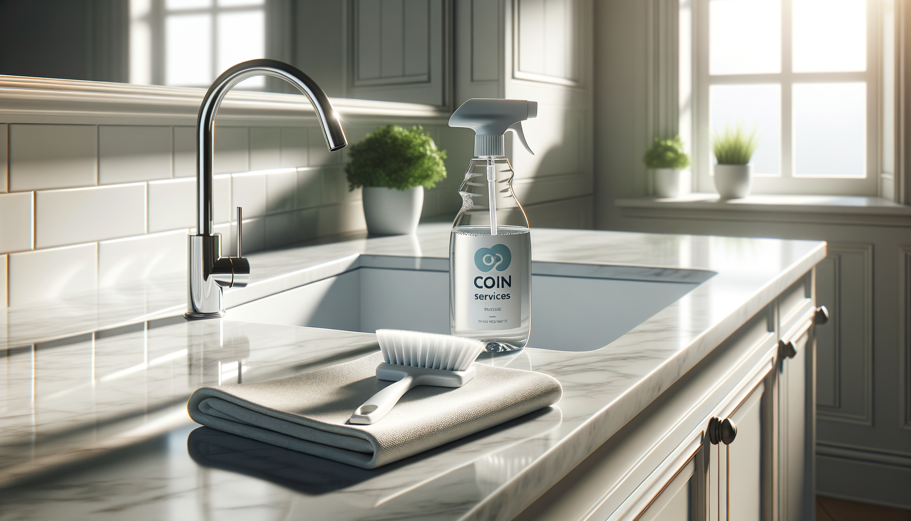 Kitchen countertop with cleaning spray bottle labeled 'COIN services,' a folded cloth, and a scrubbing brush, with a sink, faucet, and potted plants in the background.