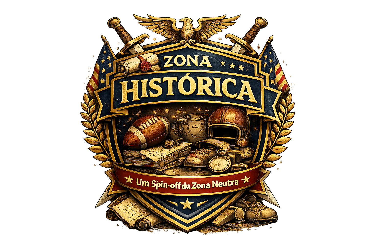Emblema da Zona Histórica, com elementos esportivos e históricos, incluindo uma bola de futebol americano, capacete de futebol americano, medalhas, uma autoridade de mapa, livros, uma taça, uma espada, um pergaminho, e uma pomba, com uma faixa que diz 'Um Spin-off du da Zona Neutra'.