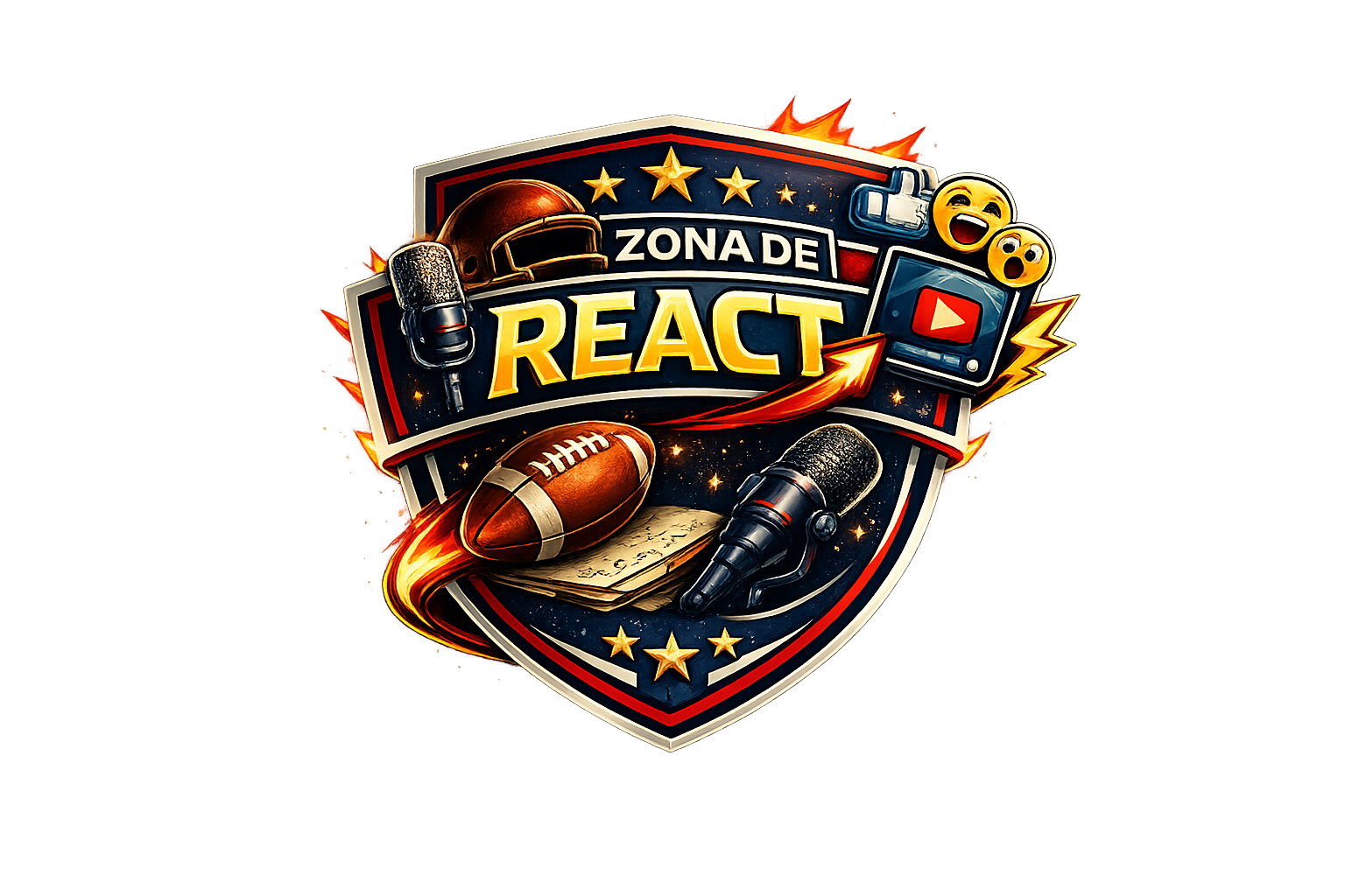 Brasão com elementos relacionados a esportes, entretenimento e tecnologia, incluindo um capacete de futebol americano, uma bola de futebol americano, microfones, uma câmera de vídeo, emojis felizes, uma lista de papel, estrelas douradas, um registro de vídeo, com a legenda 'Zona de React'.