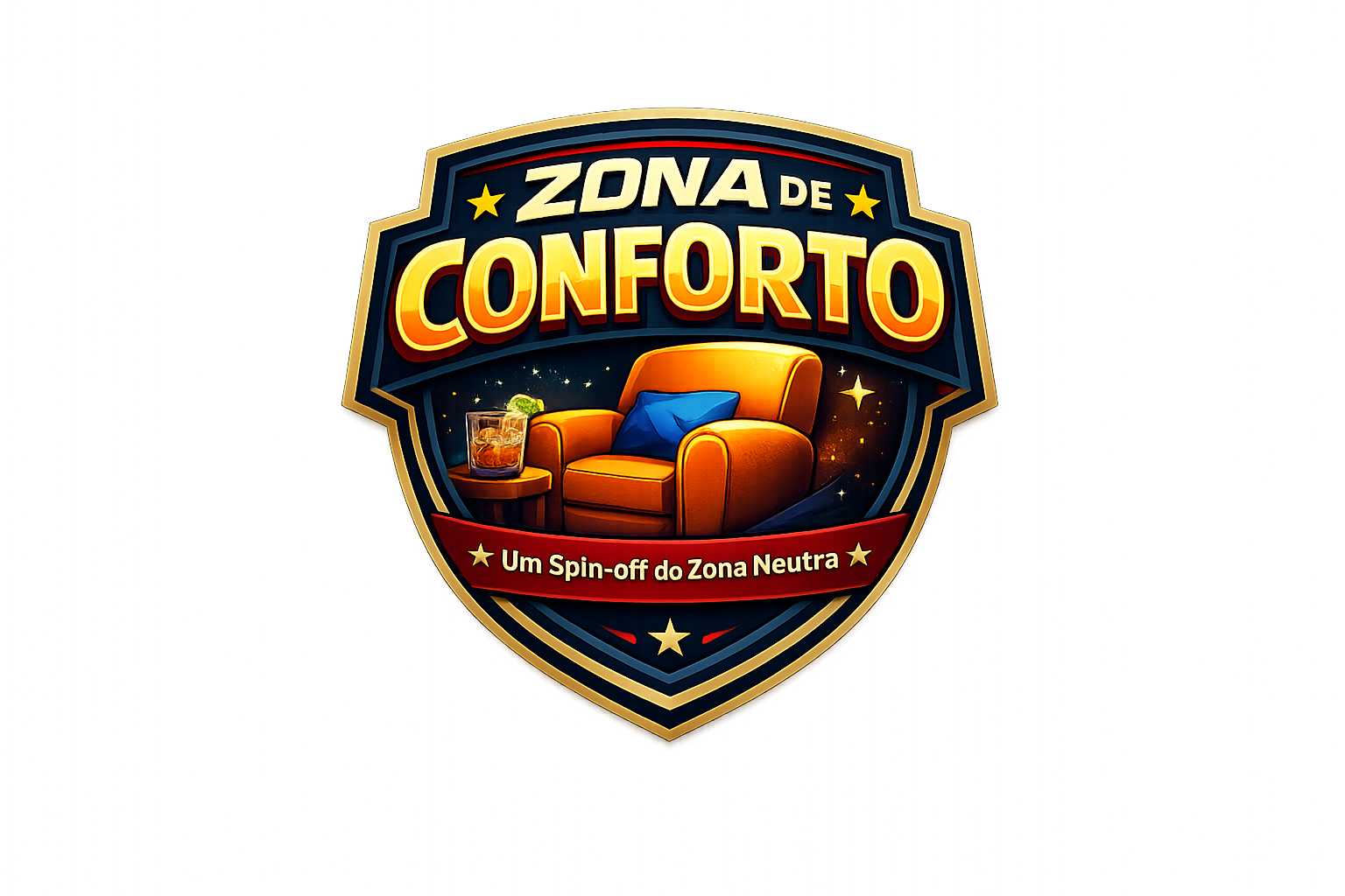 Logo do programa 'Zona de Conforto' com uma poltrona laranja, um copo com drink e uma almofada azul ao lado, e uma faixa vermelha com o texto 'Um Spin-off do Zona Neutra'