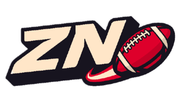 Logotipo com a palavra 'ZN' e uma bola de futebol americano vermelha ao lado.