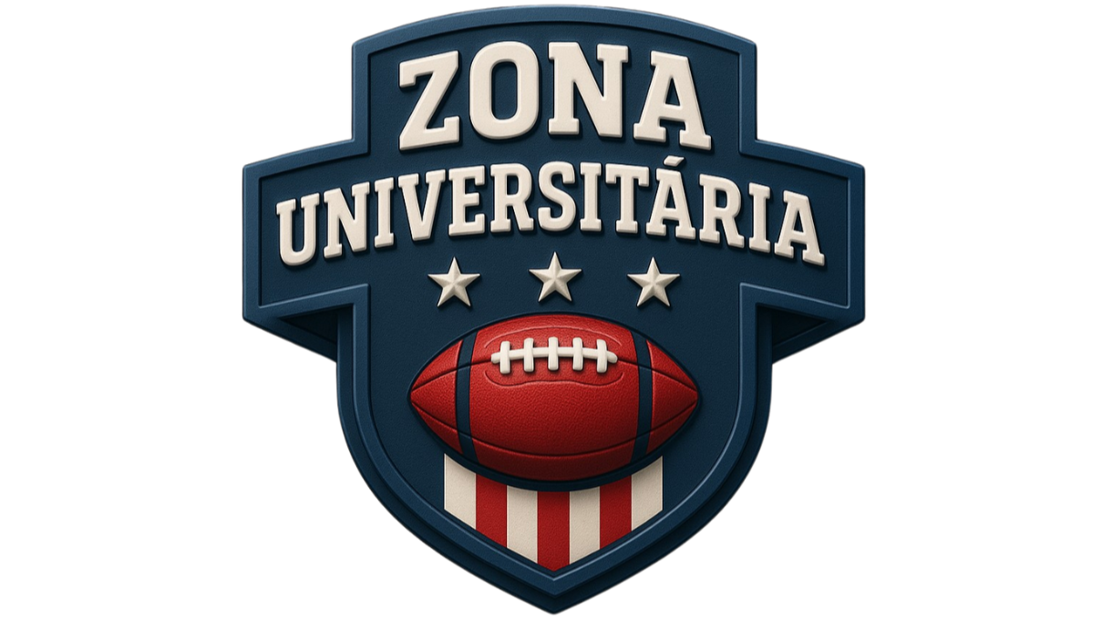 Emblema do Zona Universitária, com escudo azul, uma bola oval de futebol americano vermelha no centro e três estrelas acima, com detalhes em vermelho e branco na parte inferior.