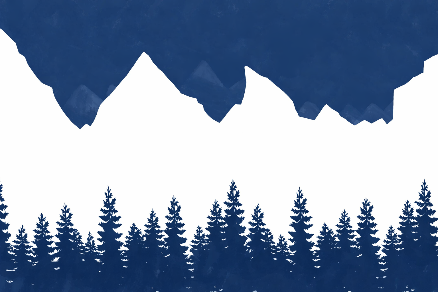 A landscape illustration featuring dark blue mountains with jagged edges, a band of white in the middle, and silhouettes of pine trees at the bottom.