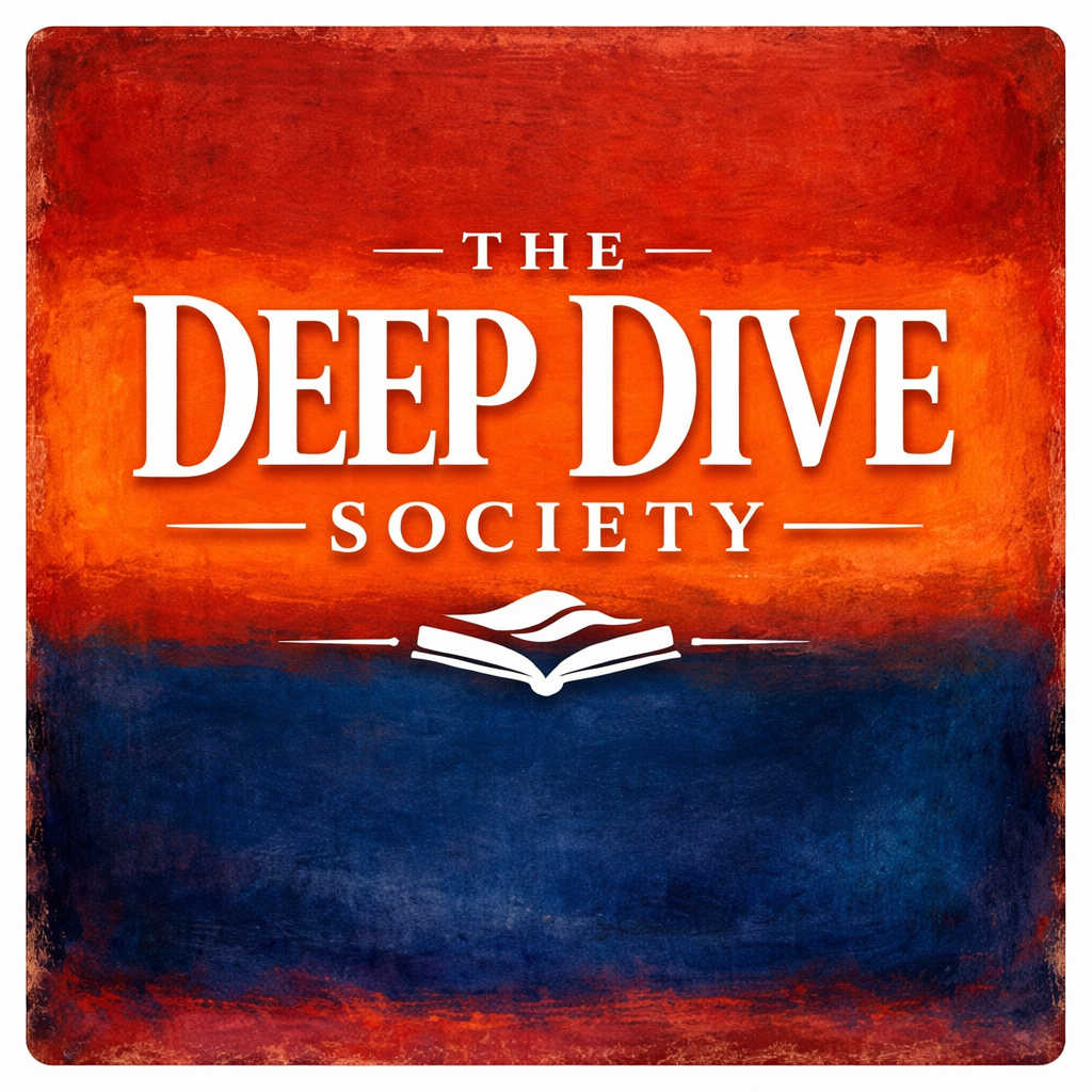 A logo for The Deep Dive Society featuring a red and blue gradient background with a white open book and text.