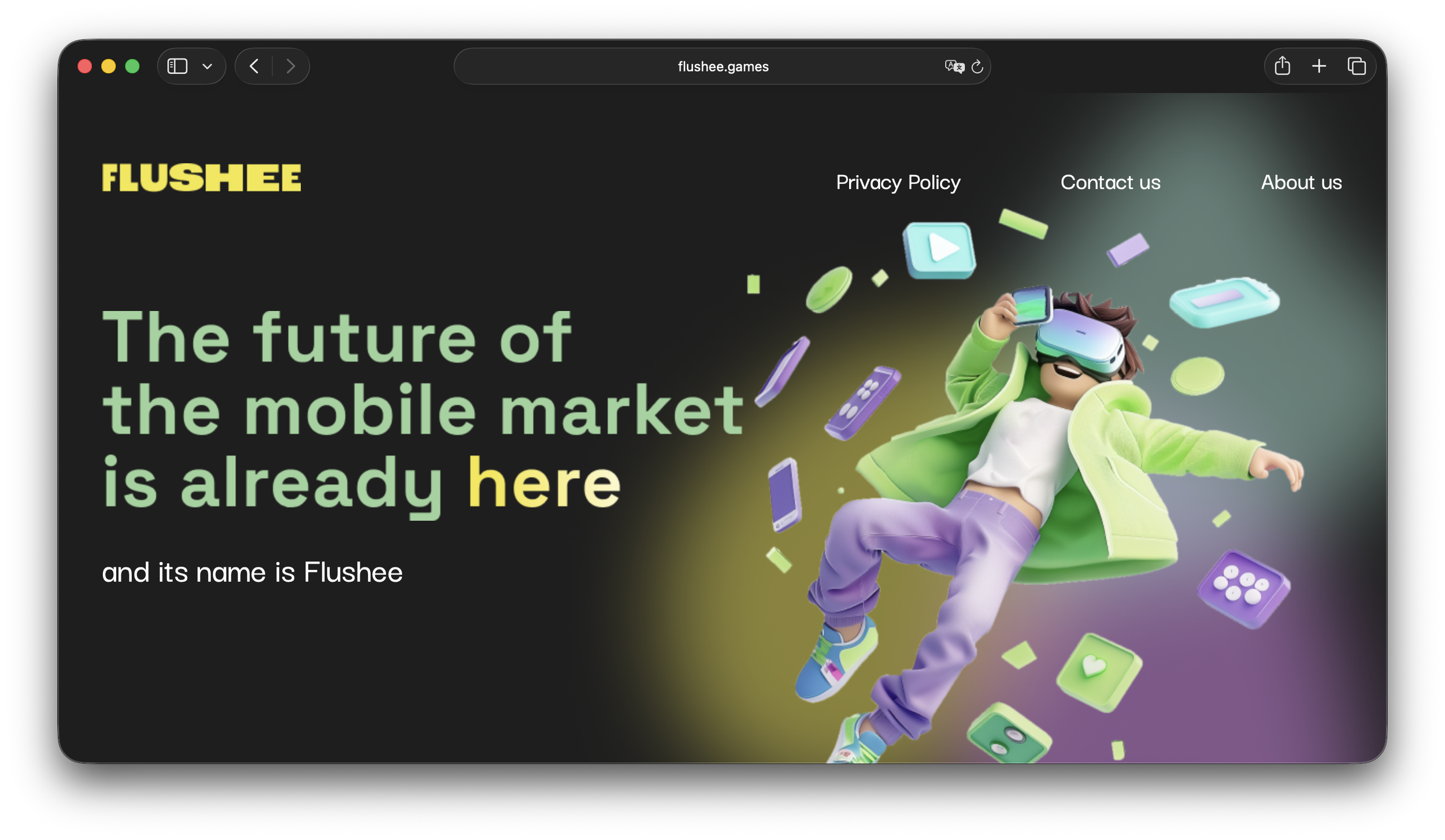 A website homepage for Flushee, with a dark background, bold green and yellow headline stating "The future of the mobile market is already here," and a 3D animated character wearing virtual reality glasses, surrounded by floating mobile app icons.
