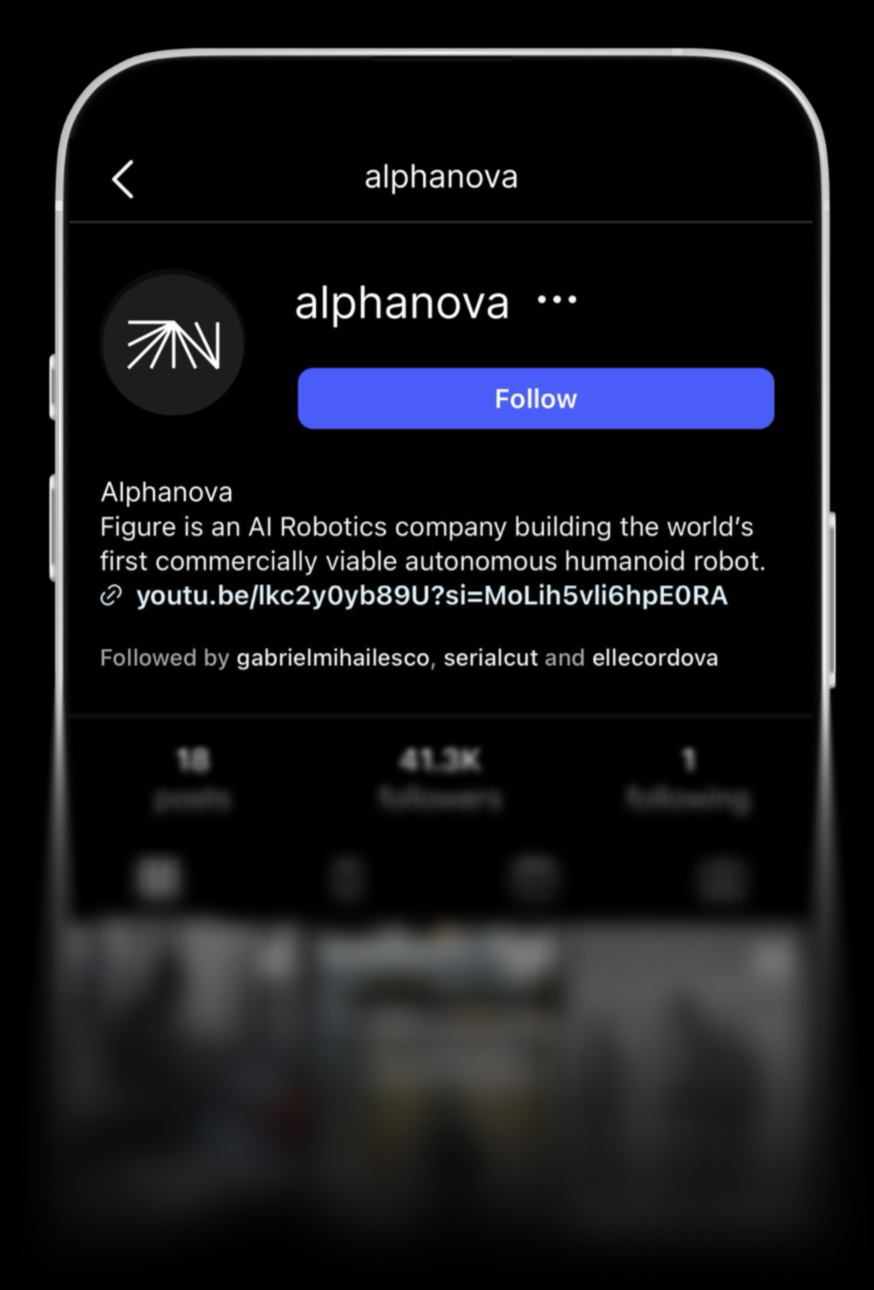 Screenshot of Alphanova's social media profile highlighting their work developing the world's first commercially viable autonomous humanoid robot.