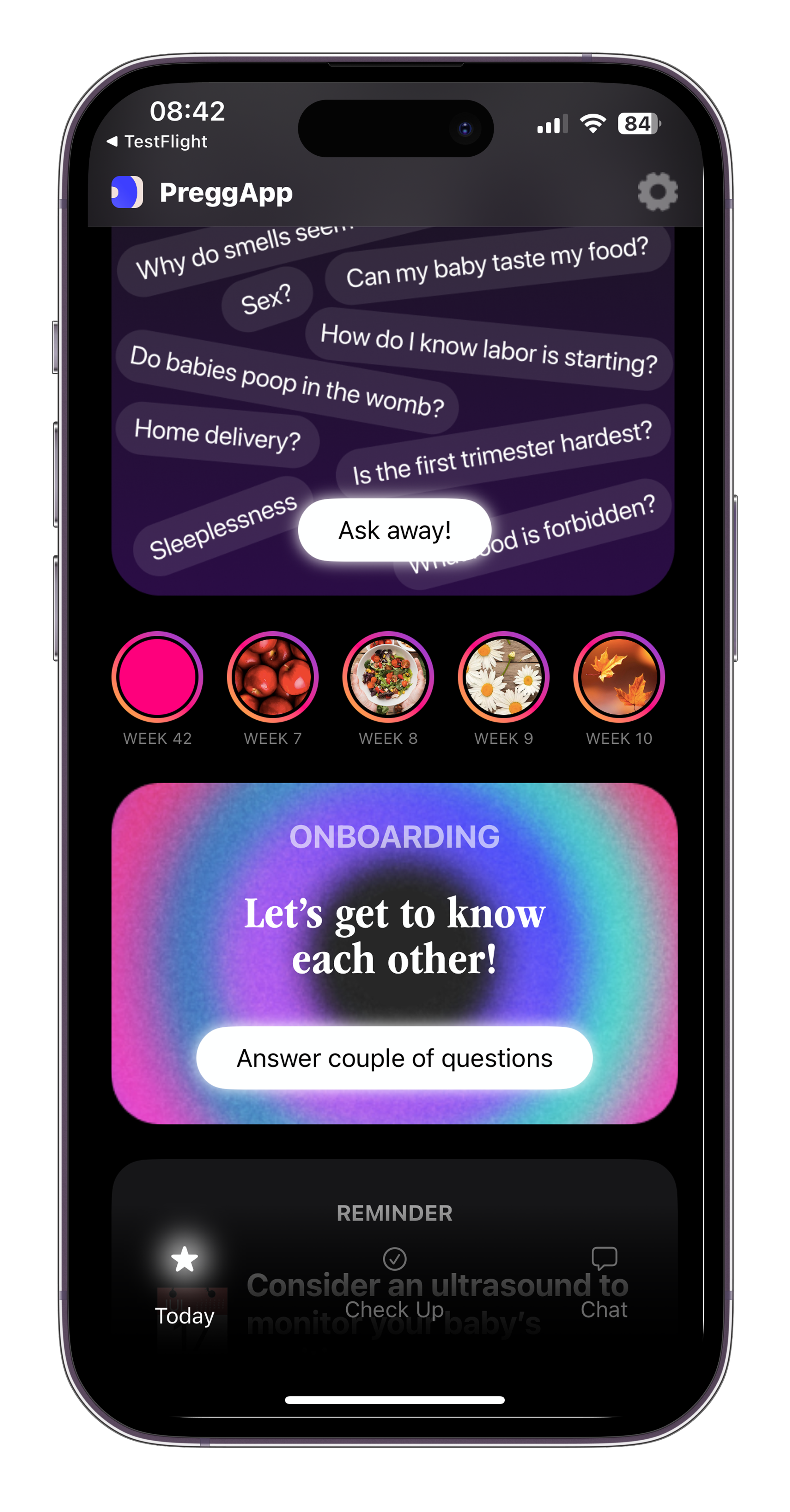 A smartphone screen displaying the PreggApp app, showing a chat bubble with questions about pregnancy, a section with icons representing different weeks of pregnancy, a colorful onboarding card that says 'Let's get to know each other!', and a reminder notification about monitoring the baby's health.