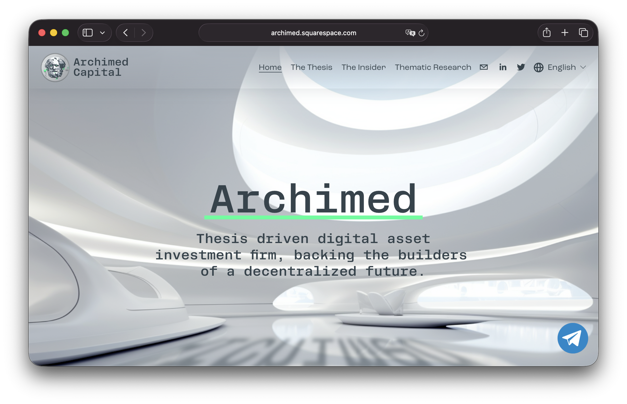 Screenshot of the homepage for Archimed Capital, a digital asset investment firm. The page features a modern, futuristic interior with white curved architecture. The logo, navigation menu, and social media icons are visible at the top, with the main headline 'Archimed' and a tagline about thesis-driven digital asset investment.