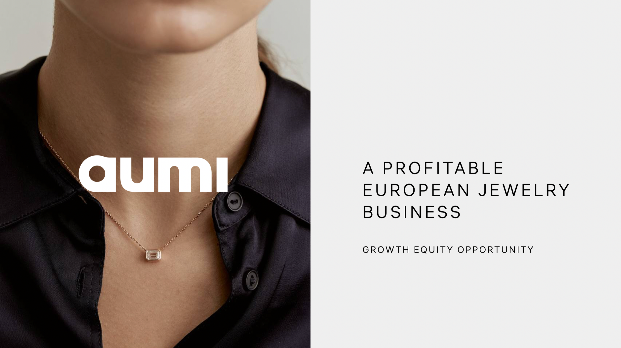 Close-up of a woman wearing a black shirt and a silver necklace with a rectangular pendant, with text overlay and a plain background.