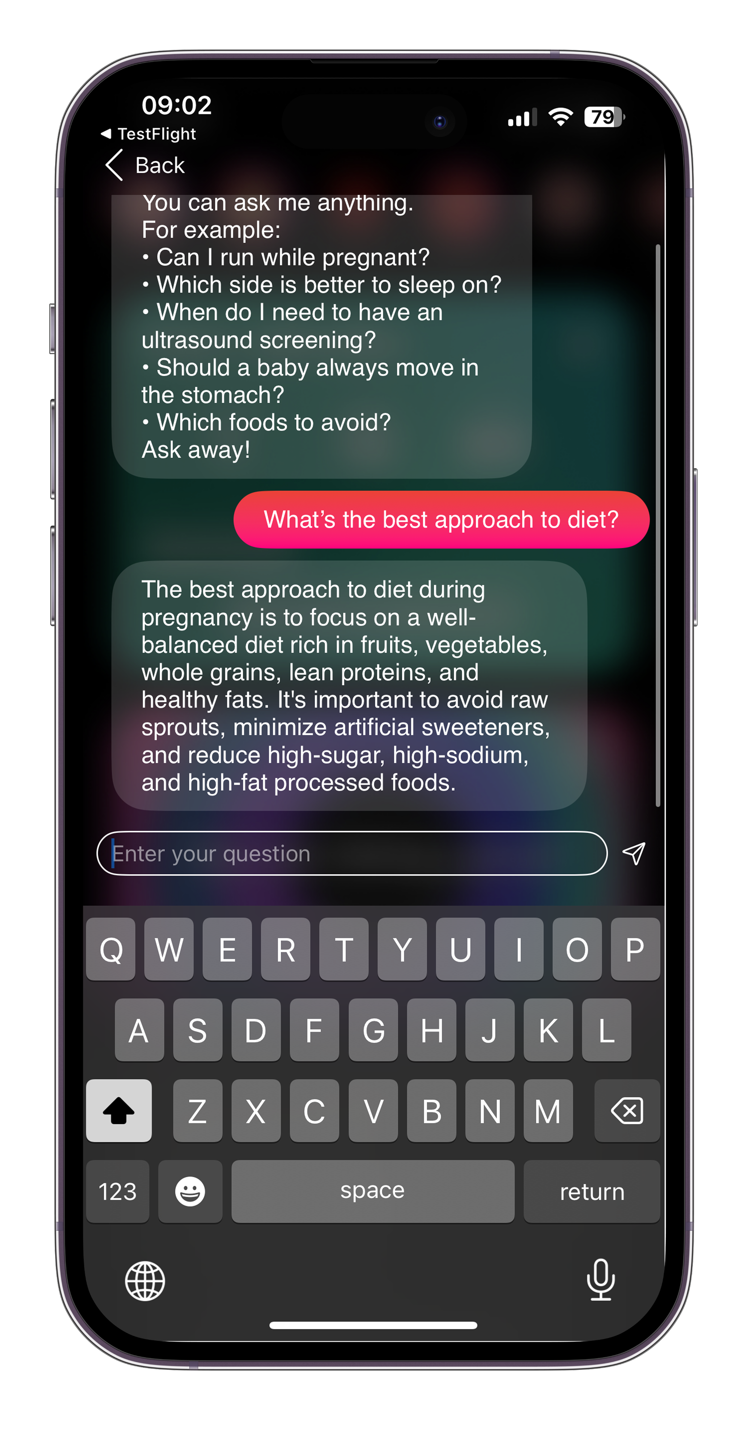 Screenshot of a smartphone showing a health app chat interface. The screen displays a conversation about pregnancy questions, including diet advice and ultrasound screening. The user has typed in a question box at the bottom.