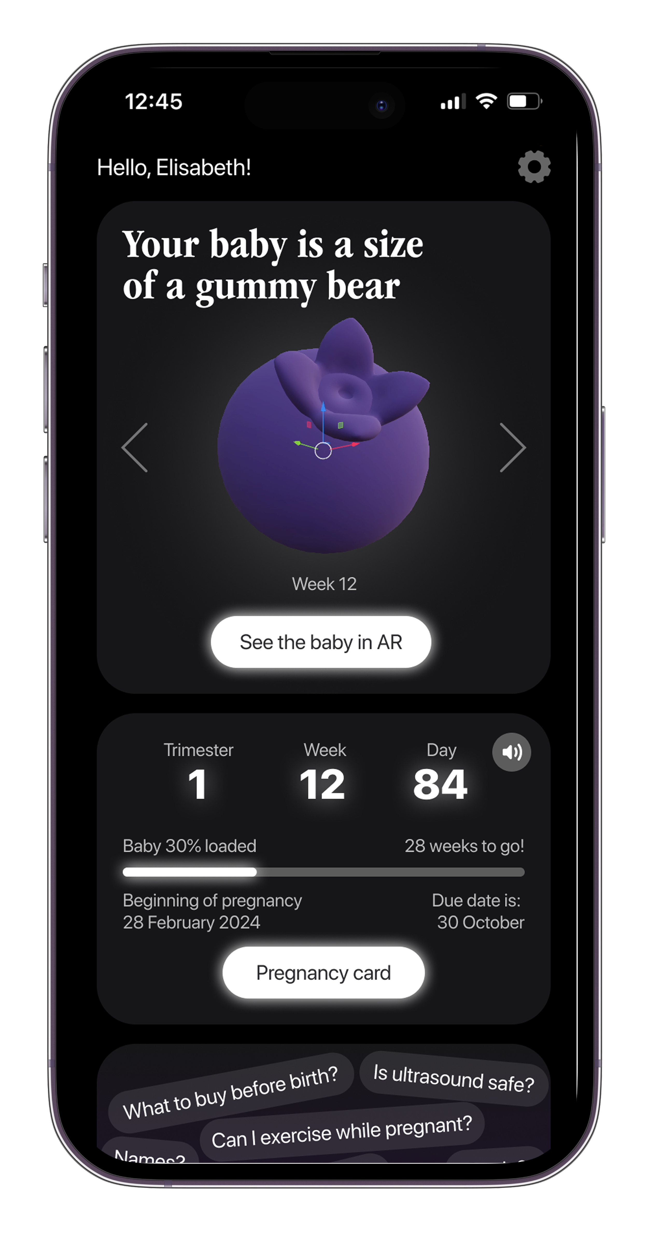 A smartphone screen displays a pregnancy app showing the baby is a size of a gummy bear at 12 weeks, with options to see the baby in augmented reality, pregnancy details, and common questions.