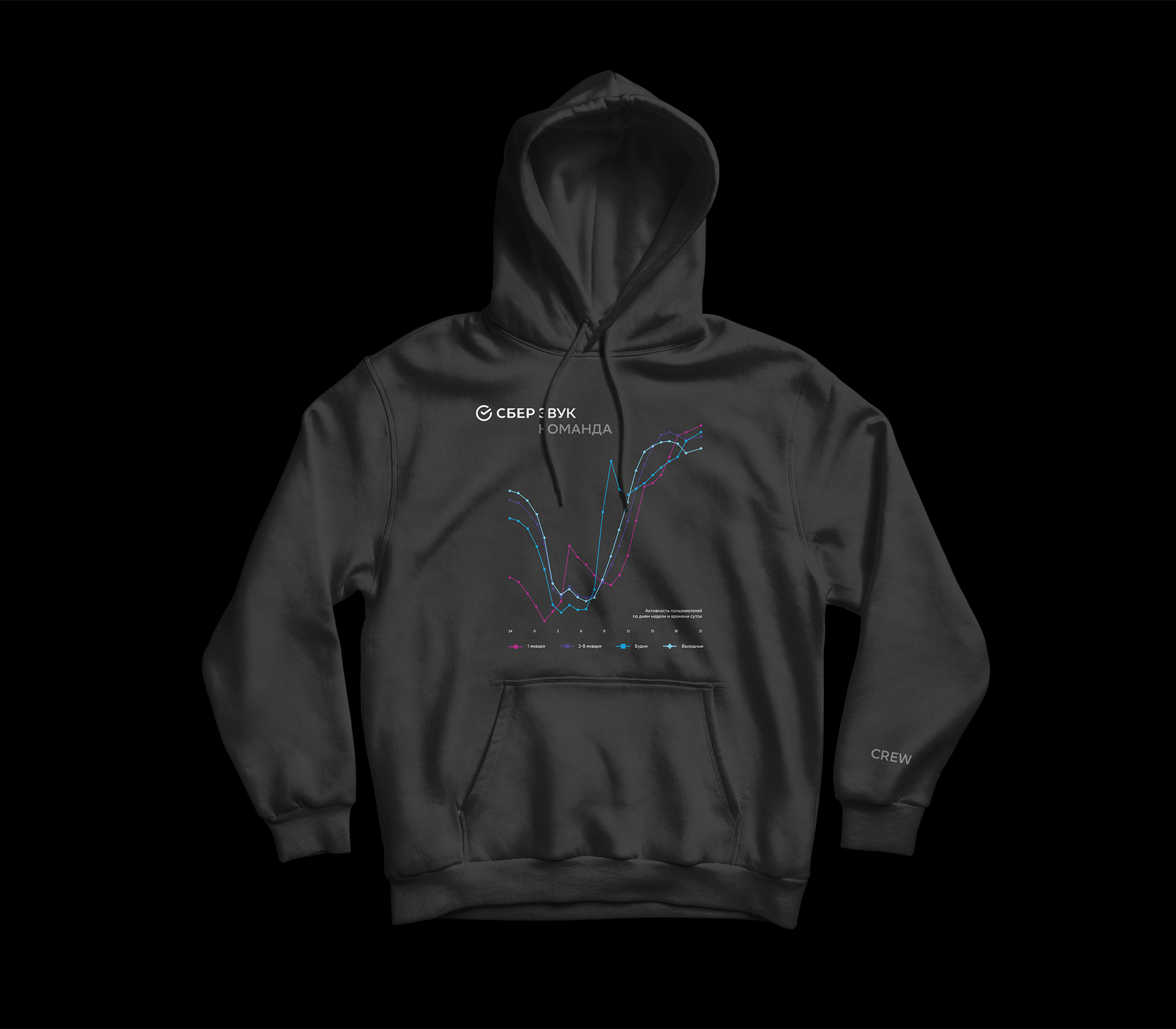 Black hoodie with a printed line graph and text in Russian, with the word 'CREW' on the sleeve.
