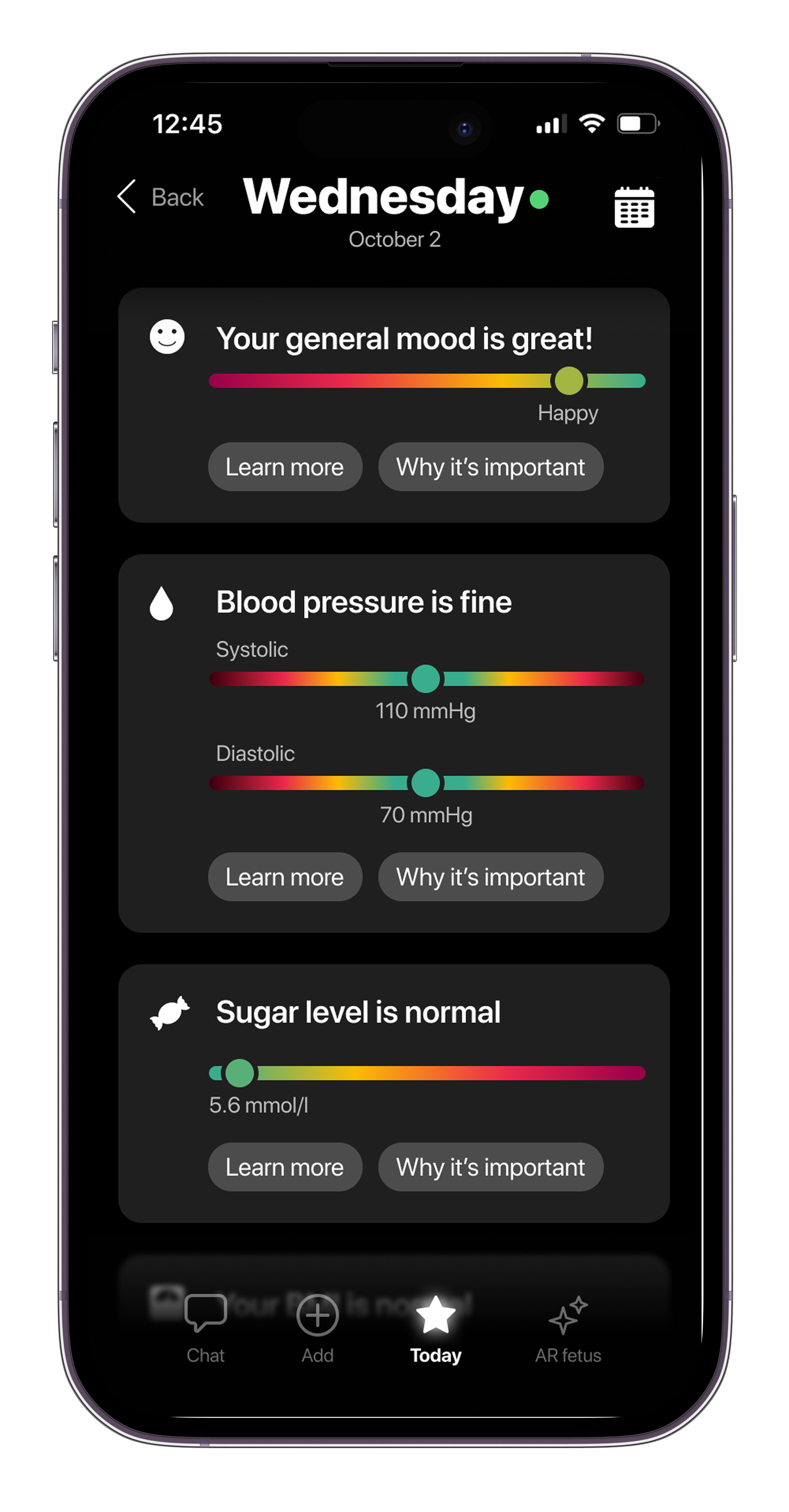 Screenshot of a health app displaying mood, blood pressure, and sugar level data for Wednesday, October 2. The mood is rated great, blood pressure is fine at 110/70 mmHg, and sugar level is normal at 5.6 mmol/l.