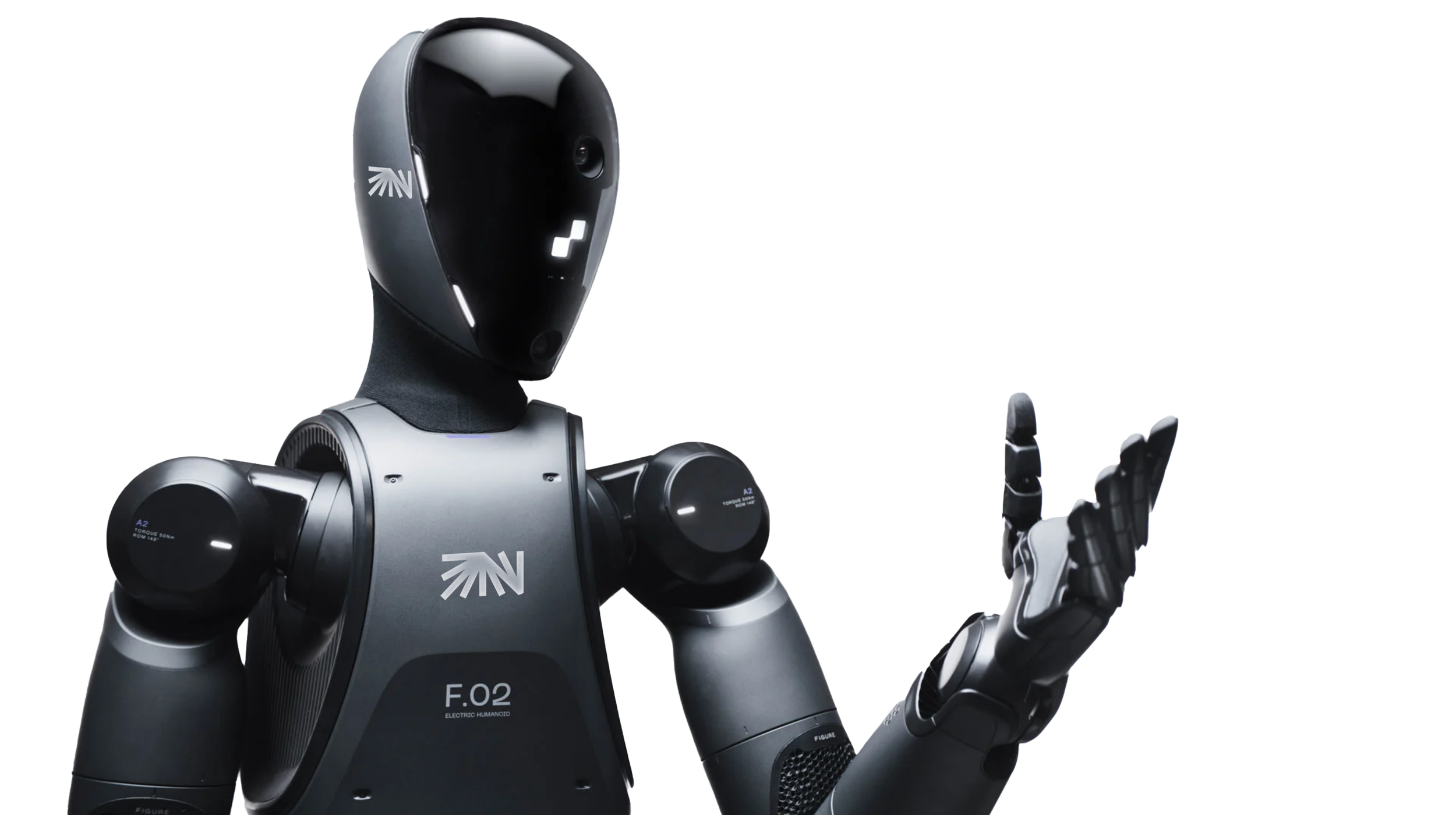 A humanoid robot with a black and silver body, a black head with no facial features, and an illuminated faceplate. It is pointing with its right hand.