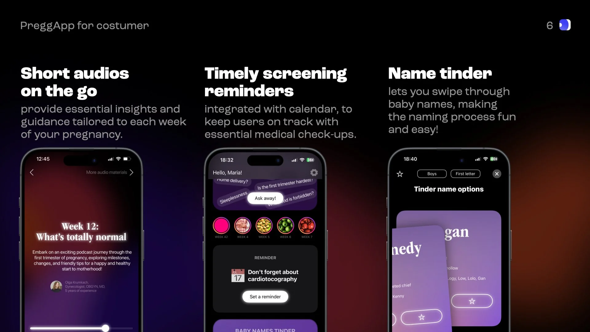 Screen from a presentation showcasing a pregnancy app with three features: short audio updates on pregnancy; calendar-based screening reminders; and a Tinder-like feature for baby names. Each feature is demonstrated on a smartphone screen.