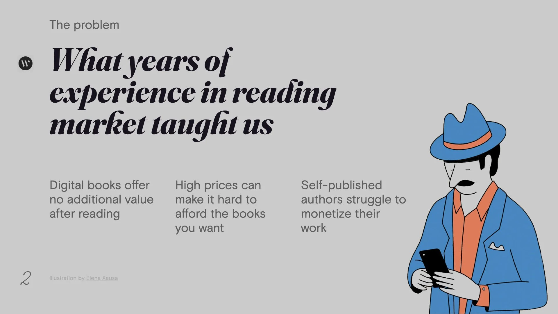 A digital illustration of a man in a blue suit, orange shirt, and blue hat with an orange band, looking at his phone. To the left, text discusses the challenges of reading in the market, mentioning digital books, high prices, and self-publishing struggles.