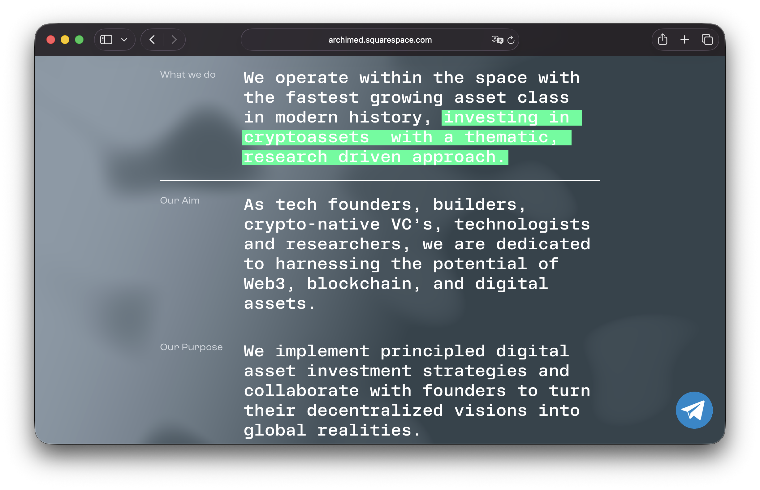 Screenshot of a website discussing investing in crypto assets with a research-driven approach, highlighting the company's focus on Web3, blockchain, and digital assets, with a Telegram icon at the bottom right.