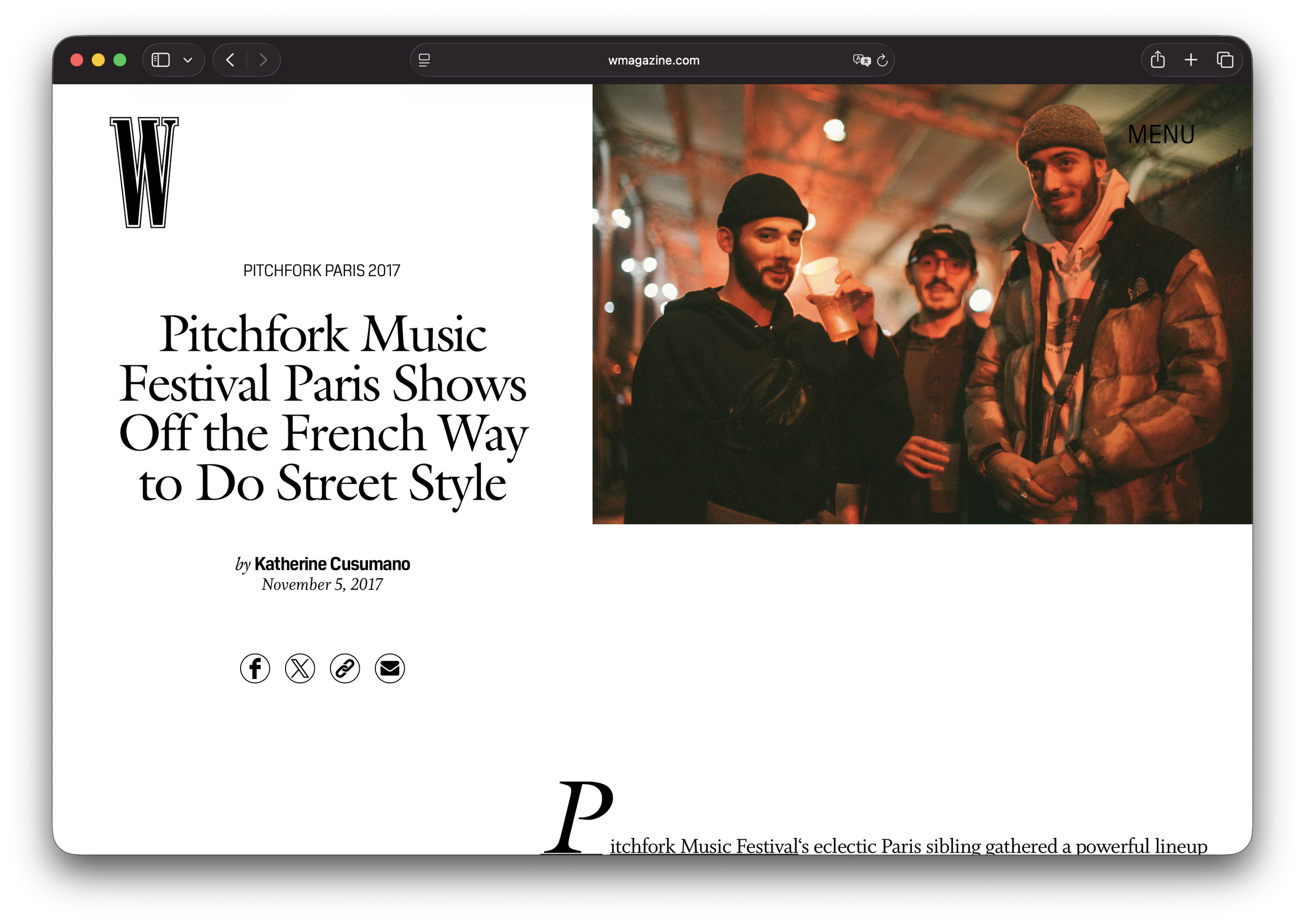 A webpage of Pitchfork magazine showing a headline about a Paris music festival, with a photo of three men in streetwear at a night event.