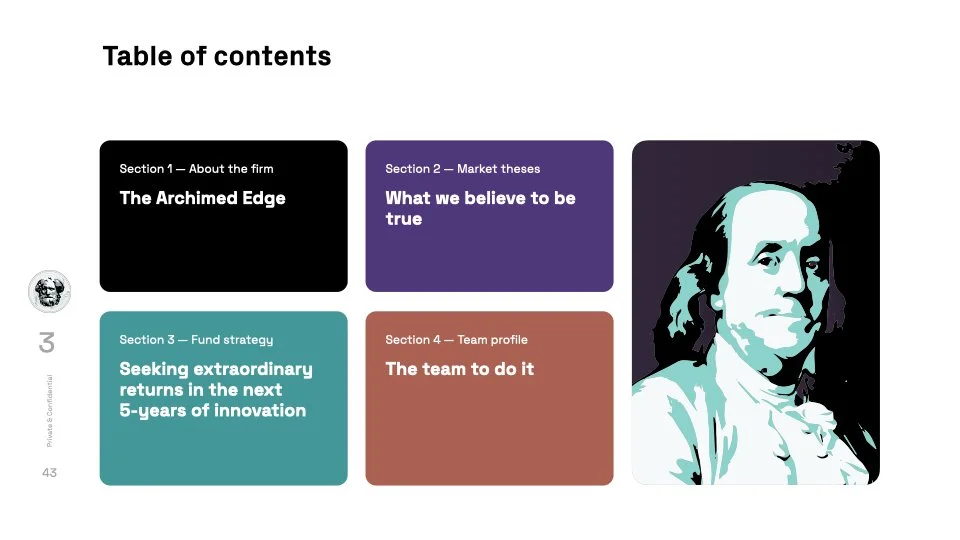 A collaborative presentation slide showing a table of contents with four sections and an illustration of Benjamin Franklin. Sections are about the firm, market theses, fund strategy, and team profile.