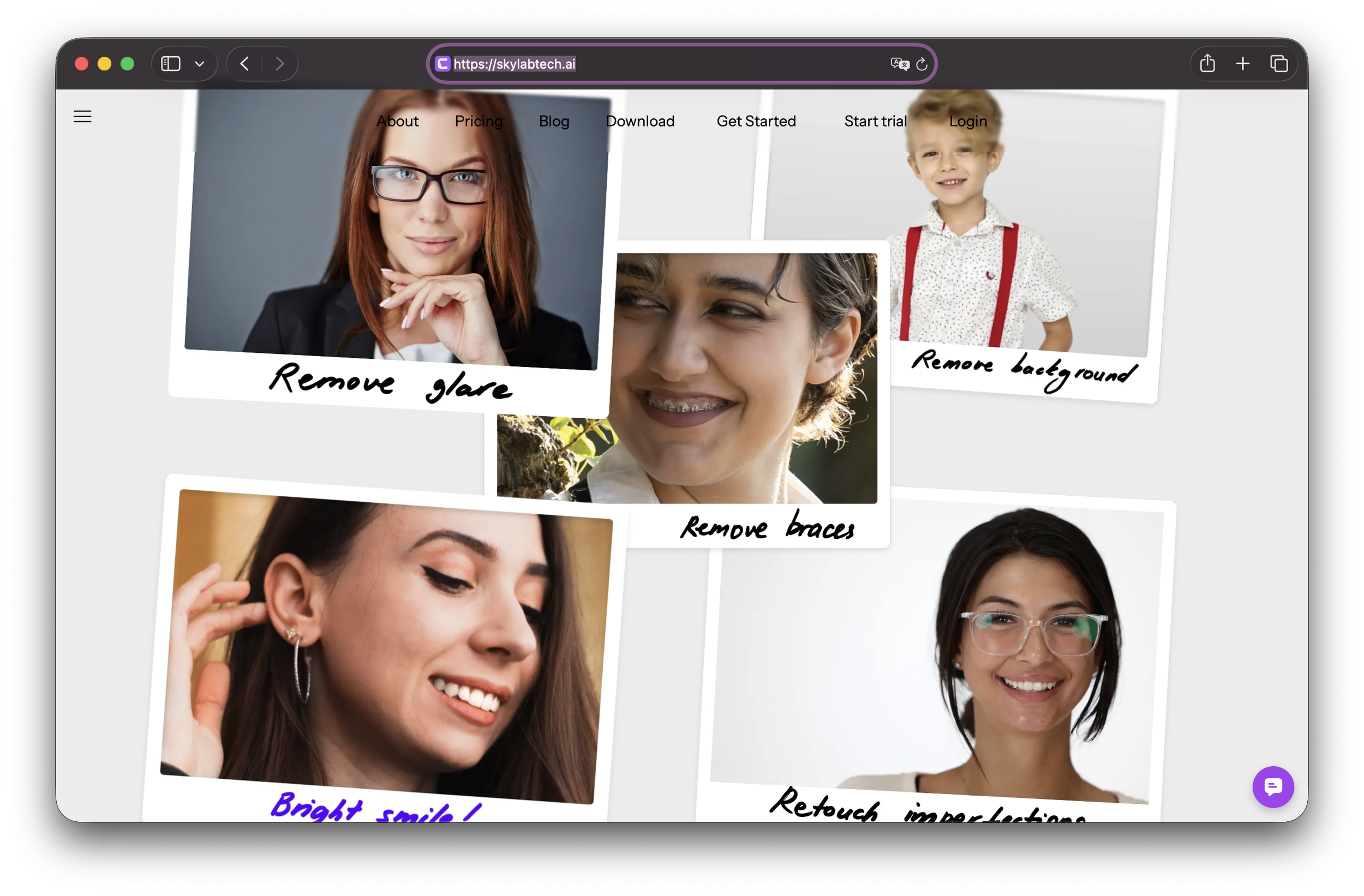 Screenshot of a photo editing website showing five images of women and a child with handwritten notes: 'Remove glare,' 'Remove background,' 'Remove braces,' 'Bright smile!,' and 'Retouch imperfections.'