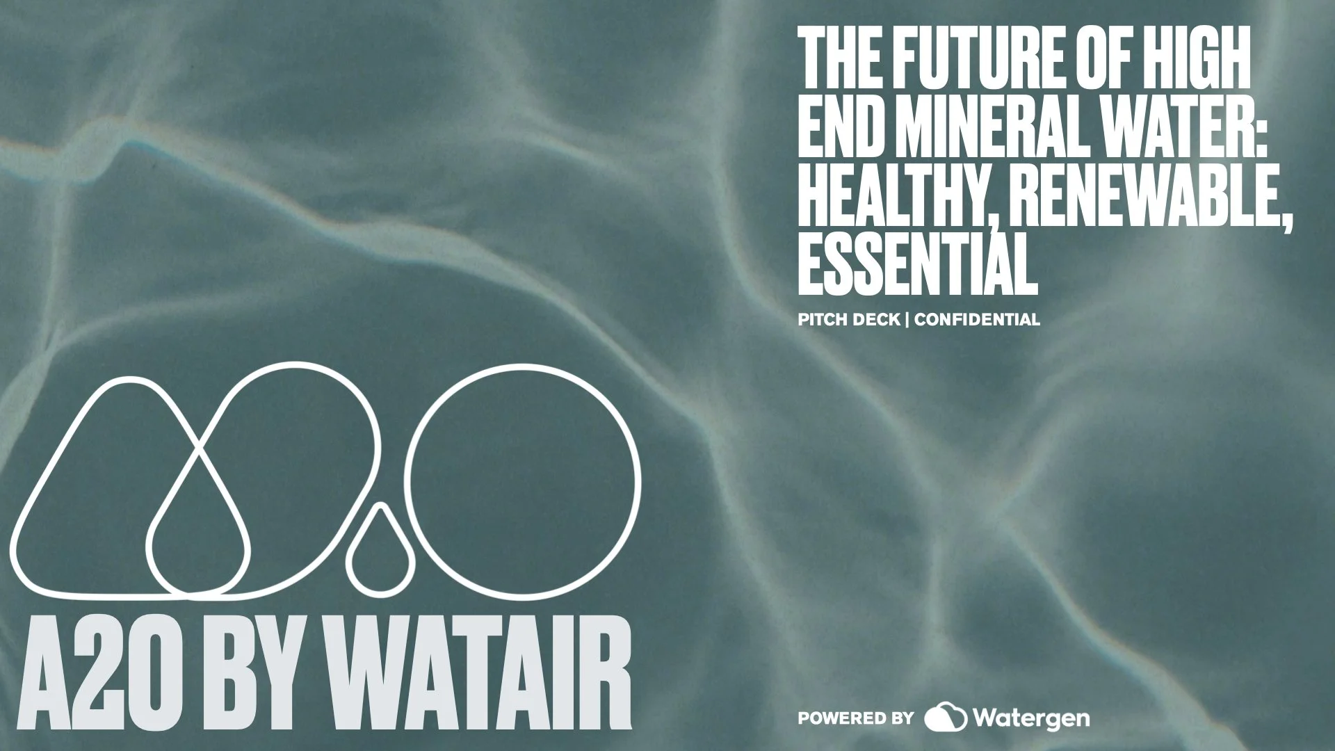 Water with a rippled surface and a graphic of overlapping water droplets. Text reads 'The future of high end mineral water: healthy, renewable, essential. Pitch deck | Confidential. Powered by Watergen. A20 by Watair.'