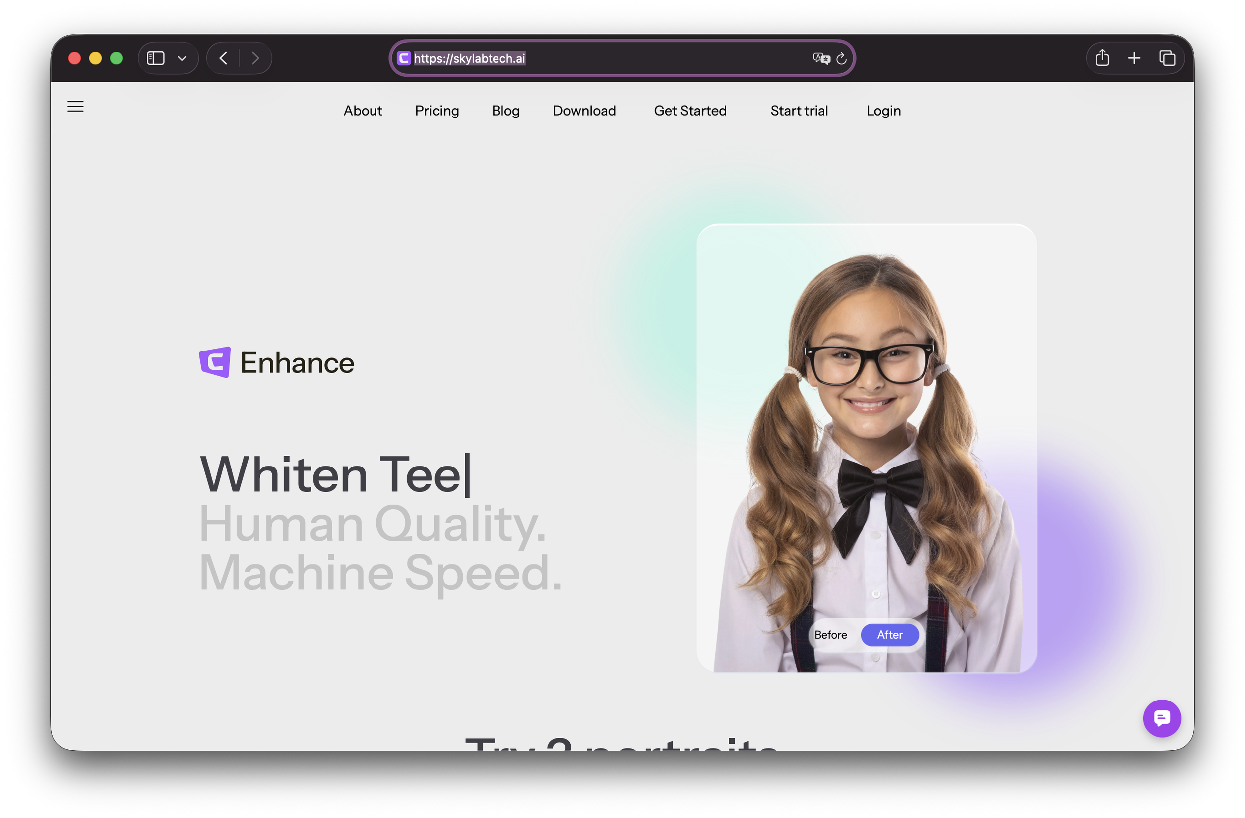 Screenshot of a website promoting teeth whitening, with a smiling girl wearing glasses and a school uniform, and a before-and-after photo showing teeth whitening results.