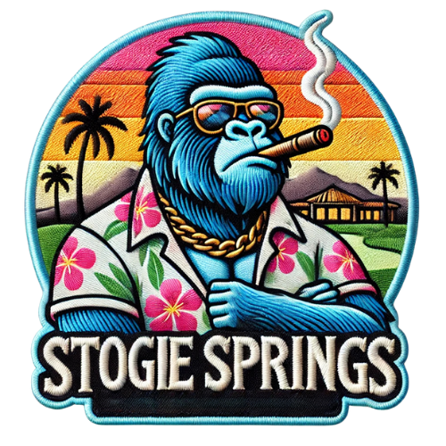 A cartoon-style illustration of a blue gorilla with sunglasses, smoking a cigar, wearing a Hawaiian shirt with pink flowers, gold chains, and a mohawk hairstyle, with a sunset, palm trees, and a house in the background. Text reads "Stogie Springs".