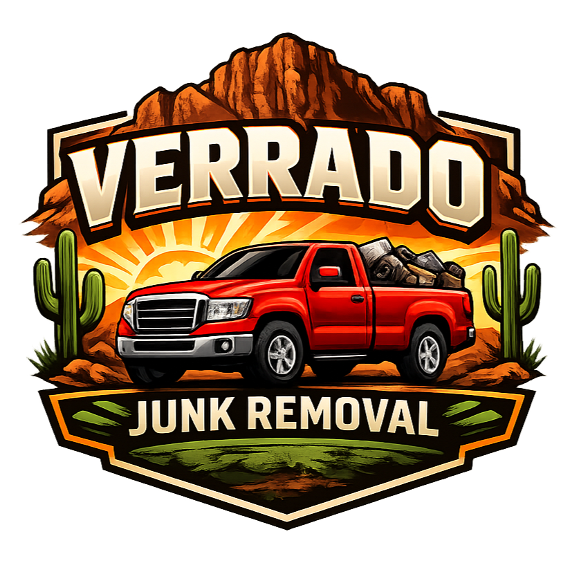 Logo for Verrado Junk Removal featuring a red pickup truck, desert landscape with cacti, mountains, and a sunrise background.
