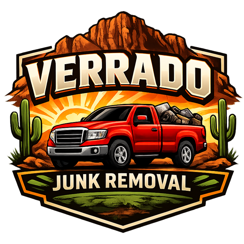 Logo for Verrado Junk Removal featuring a red truck, desert landscape with cacti, mountains, and a sunrise.