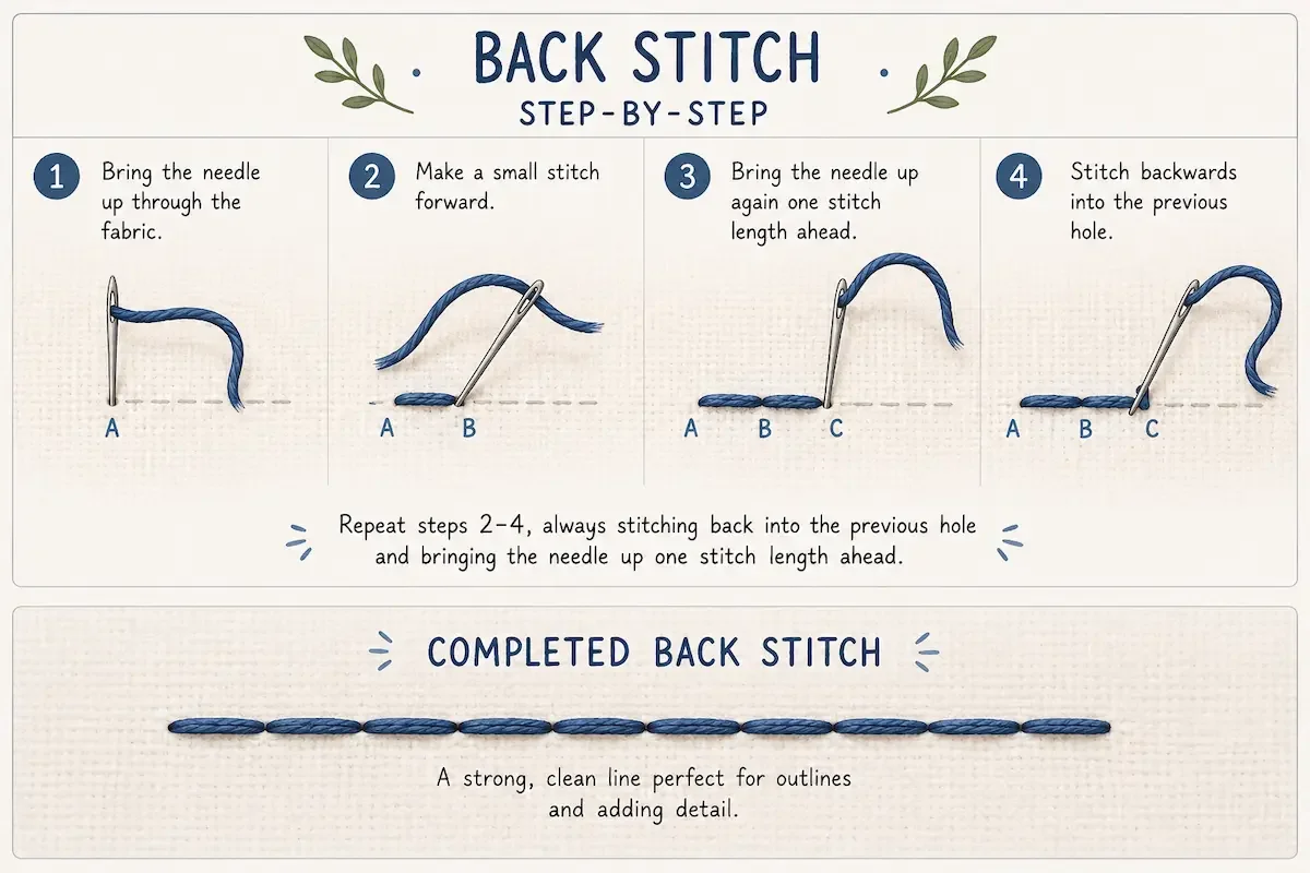 Diagram showing the process of the embroidery Back Stitch.