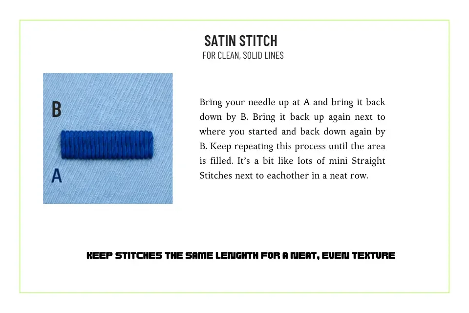 A photo of Satin Stitch in deep blue with step by step instructions.