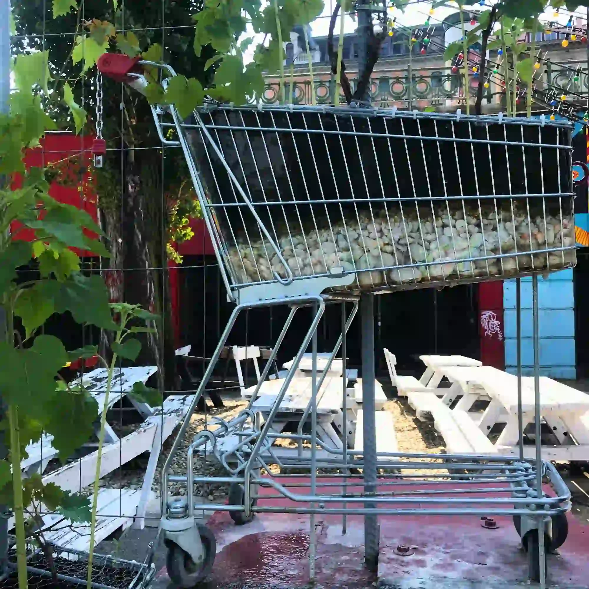 a shopping trolley with stones and plants in Vienna Austria.